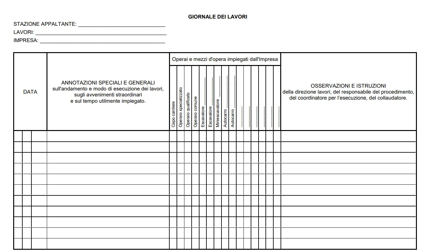 Giornale dei Lavori con excel per opere pubbliche